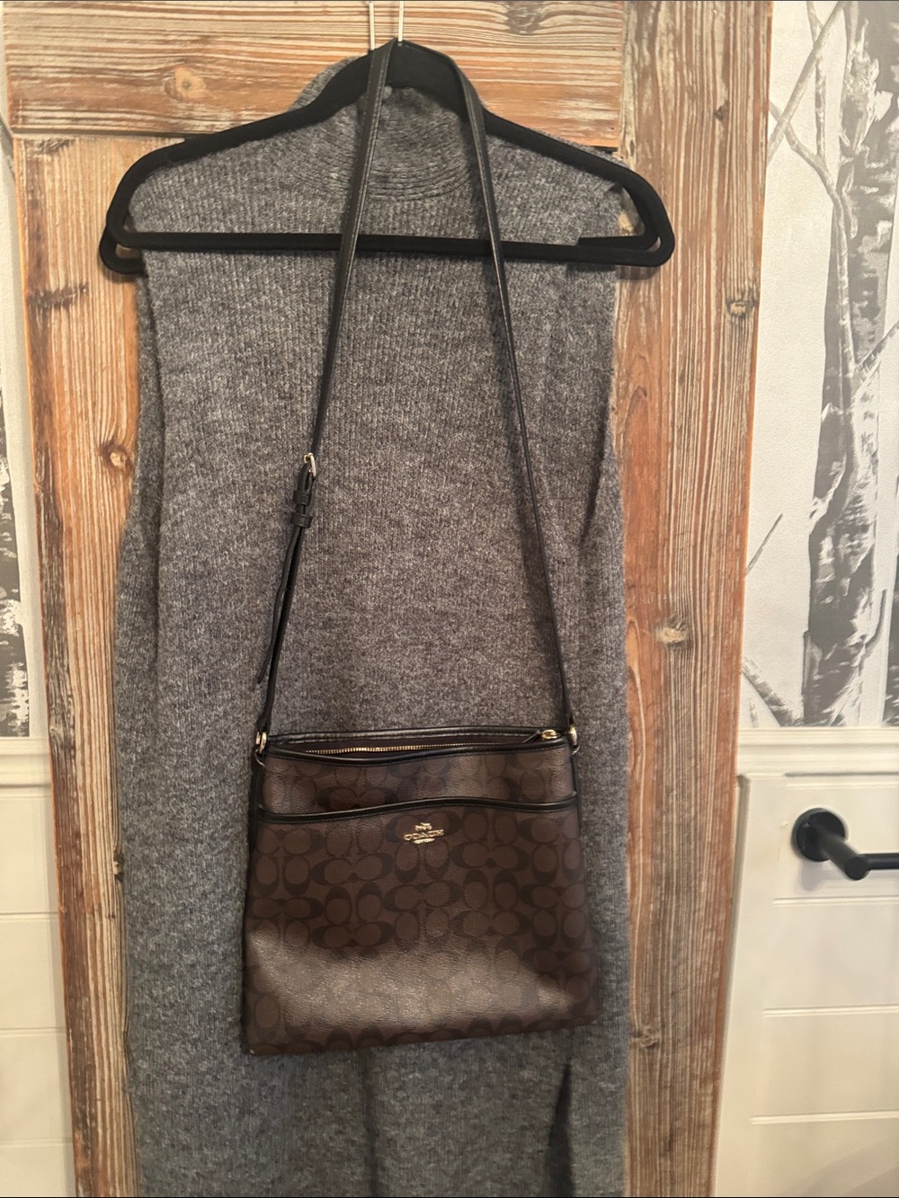 Coach Dark Brown Signature Crossbody Bag with Black Strap